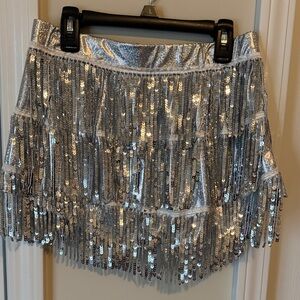 Silver Sequin Fringe Mini Shorts